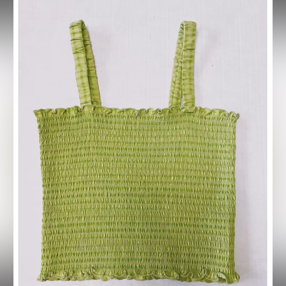 Arizona Juniors Vintage lime green plaid cropped accordion stretch tank top